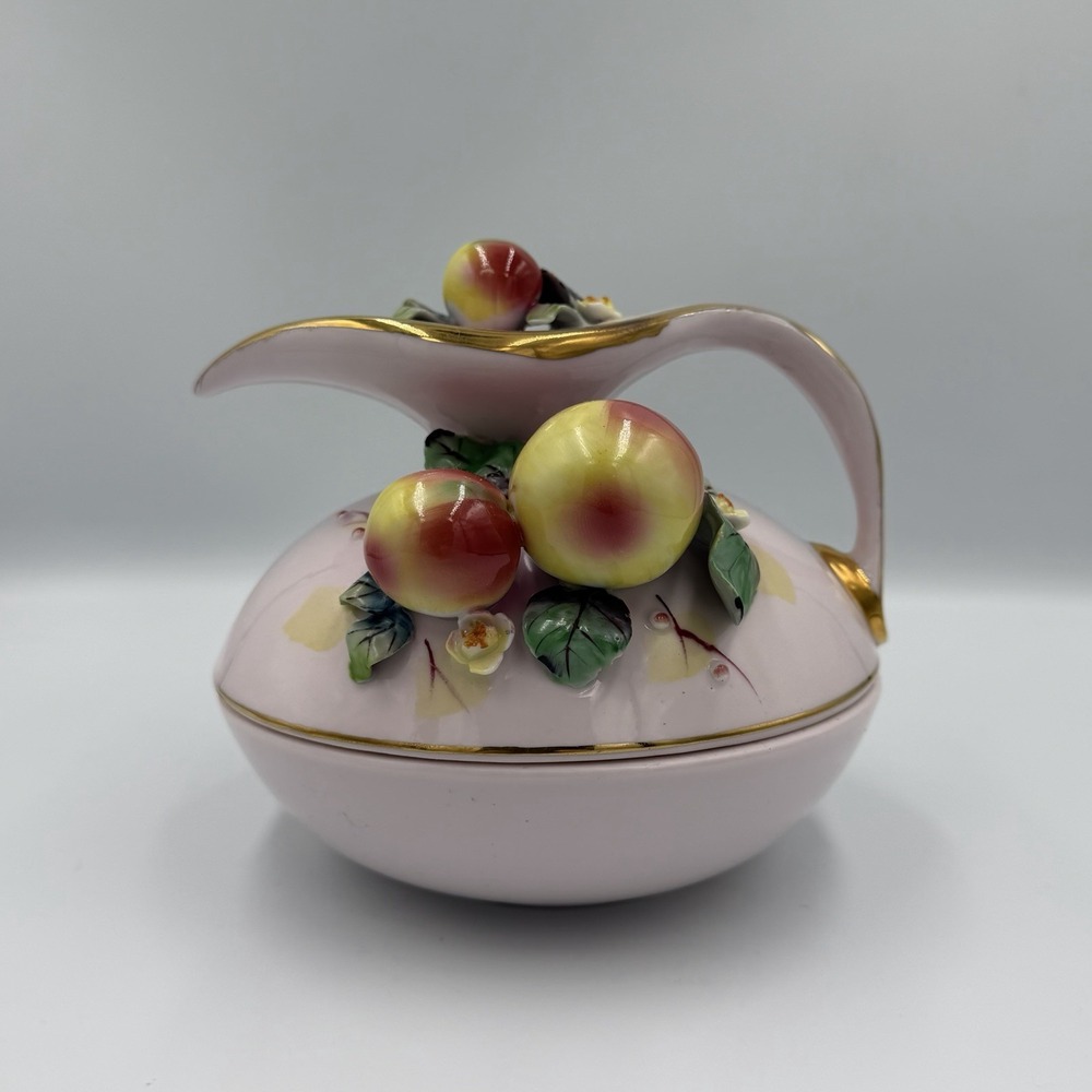 Vtg RARE 1956 Geo Z Lefton Majolica Peach Fruit Pink‎ Candy Dish w/ Lid Art Deco